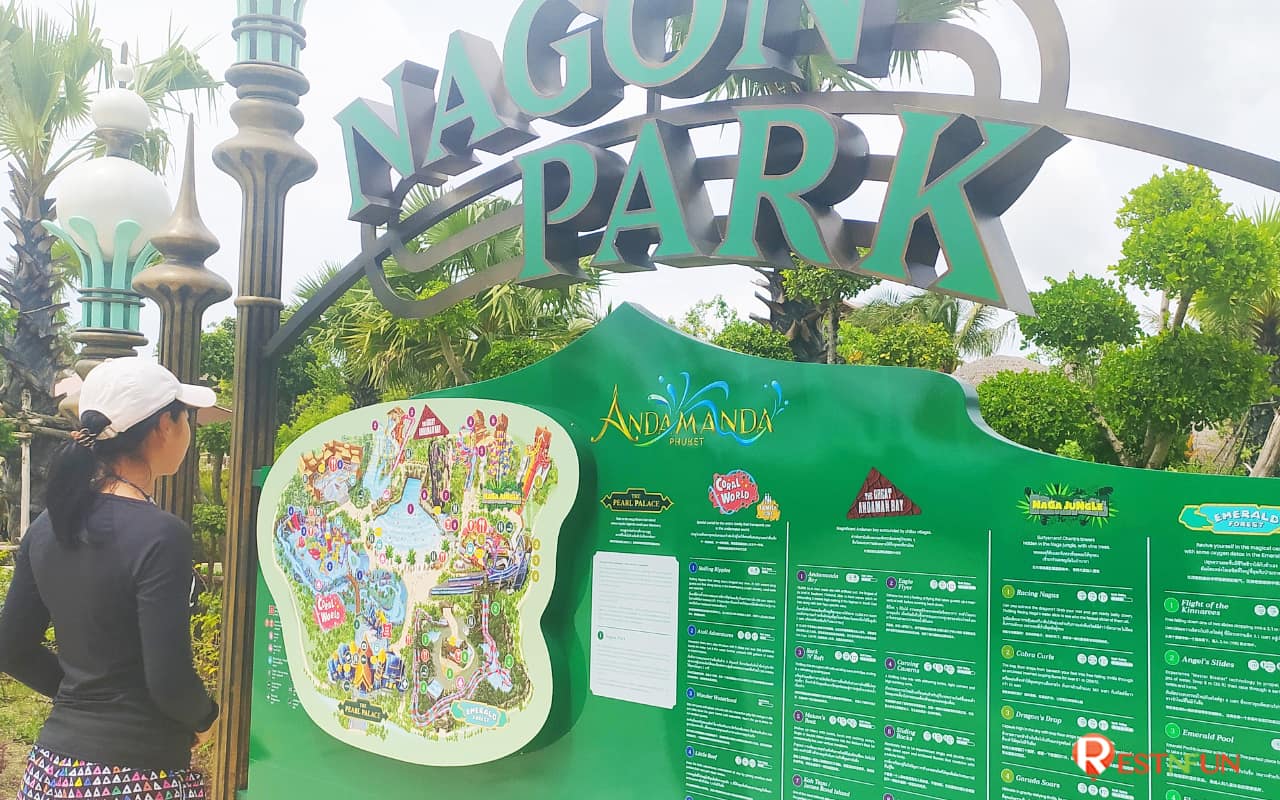 Signs showing various service points and locations of rides at Andamanda Phuket